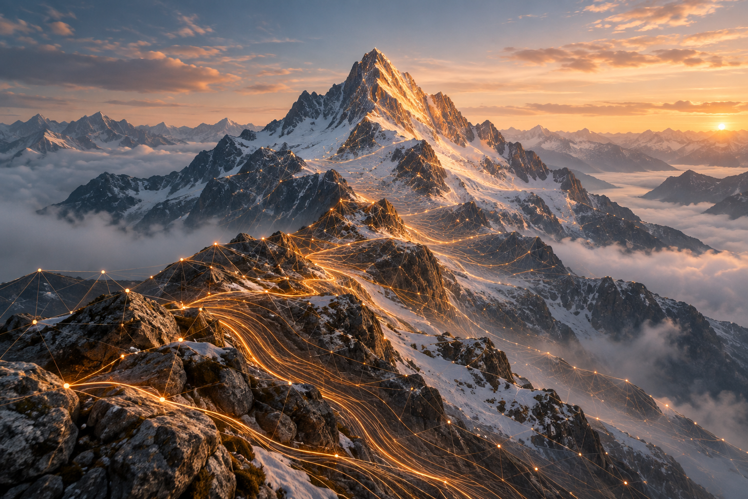 Künstlerische Berglandschaft: Eine alpine Spitze verbindet sich mit leuchtenden digitalen Netzlinien